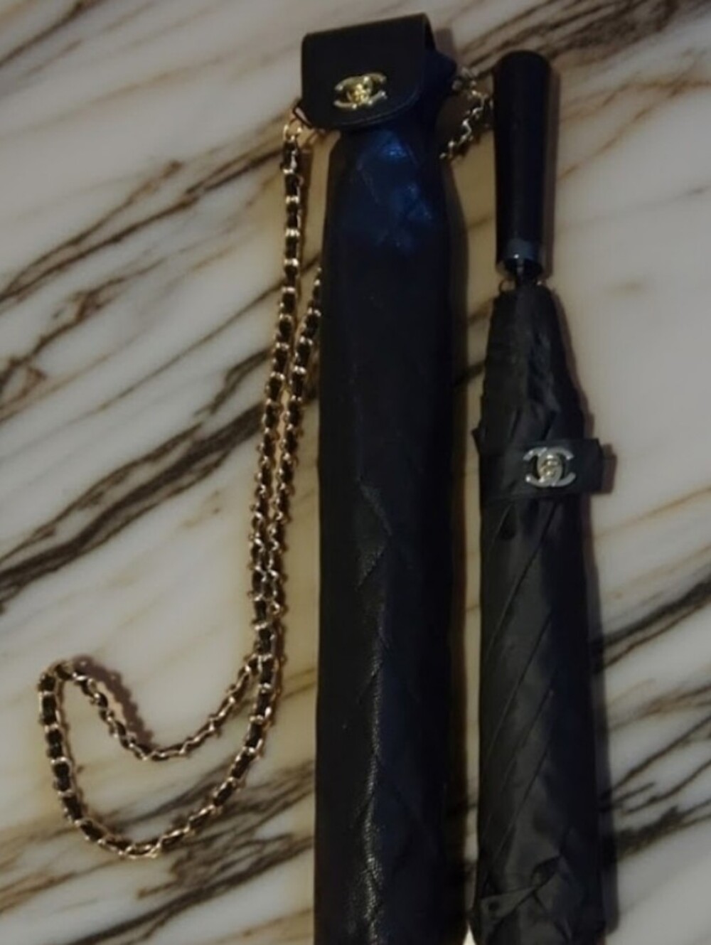 CHANEL Black Quilted Umbrella with Gold Chain Strap - New!